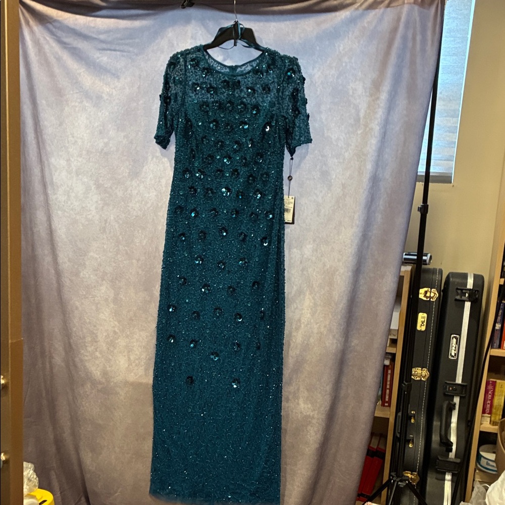 Adrianna Papell Teal Beaded Maxi Dress